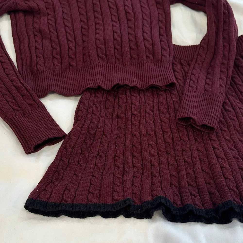 Elegant Burgundy Cable Knit Skirt Set